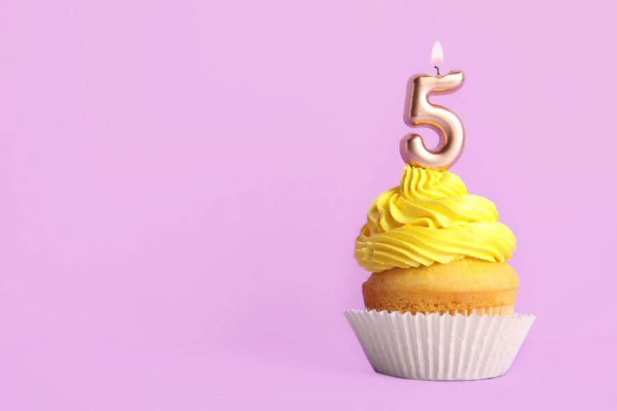 A cupcake with a "5" candle in it.