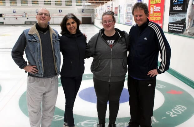 MidlandToday crew participating in the CLH Bonspiel Bonanza. L-R: Derek Howard, Lise Turcotte, Jennifer Wilson and Andrew Philips