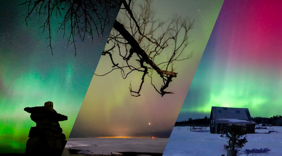 3 photos of the Northern Lights; the first is predominantly green and blue with an inukshuk in the foreground; the second is glowing orange with a tree branch in the foreground; the third is gradating from green to bright pink, with a farmhouse on the horizon.