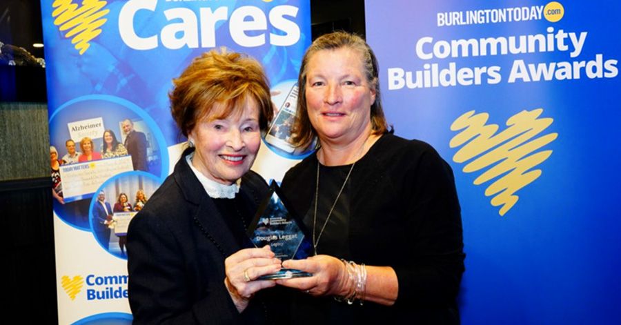 Leighan Basadur and mom Maryella Leggat with the Legacy award to honour Douglas Leggat.
