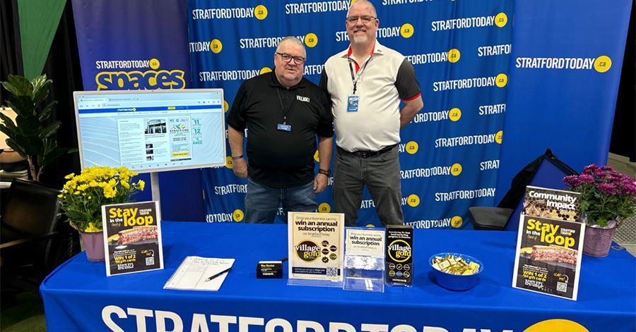 StratfordToday community partner specialist Mac Sinclair (left) and StratfordToday editor Matt Harris greet visitors at the Stratford Home Show