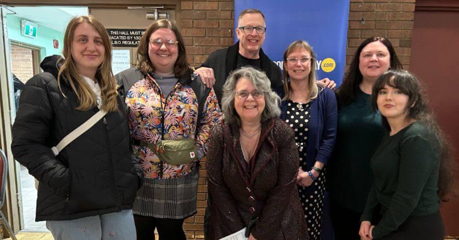 Left to right: Caitlan Nickerson, reporter Cara Nickerson, community partnership specialist Ted Lindsay, BurlingtonToday editor Julie Slack, Amy Holt, Lisa Jefferies and (front) editor Brenda Jefferies