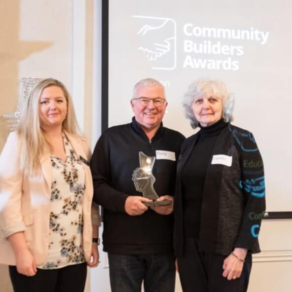 OrilliaMatters' Nicole Parkes with sponsor Tony Telford from Orser Technical and Education Award winner Carole Boshier at the 2023 CBA event