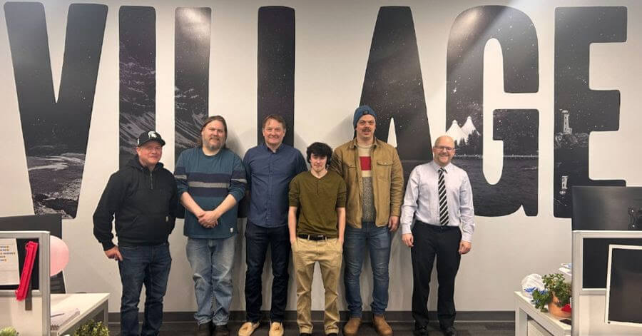 Left to right: SooToday reporter James Hopkin, SooToday reporter Kenneth Armstrong, Village Media managing editor Mike Purvis, journalism student Emmet Paradis, SooToday reporter Greg McGrath-Goudy and SooToday editor Brandon Walker