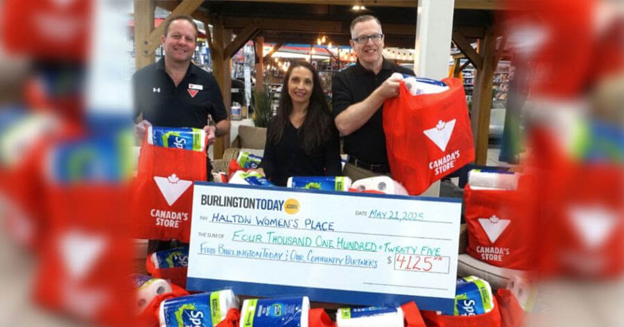 Left to Right: Brad Gibson, Store Manager Canadian Tire - Fairview Street, Burlington, Carm Bozzo, Director, Philanthropy & Community Engagement, Halton Women's Place and Ted Lindsay, Community Partner Specialist, BurlingtonToday