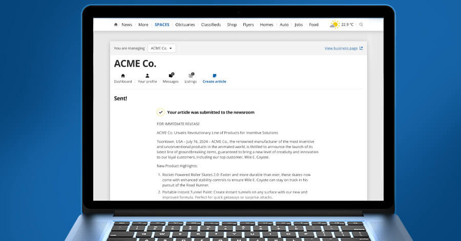 A laptop screen showing a webpage with a generated press release being sent to the newsroom.