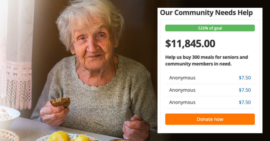 Senior eating a meal; screenshot of a fundraising progress bar showing $11,845.00 raised in support of meals on wheels for seniors and community members in need in Sault Ste. Marie