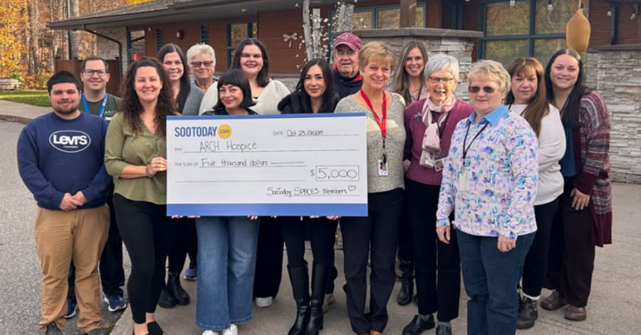 The SooToday Cares team visited ARCH Hospice to present a $5000 cheque to the ARCH team for the local hospice winning the SooToday SPACES Hearts for Hospice community challenge