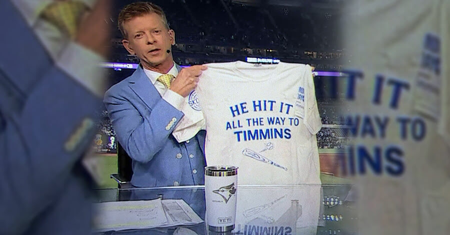 TimminsToday, Tourism Timmins and Skoser Merch fundraising t-shirt collab as seen on Sportsnet Blue Jays Central!