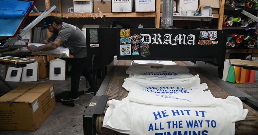 Skoser Merch printing the "He Hit it All the Way to Timmins"