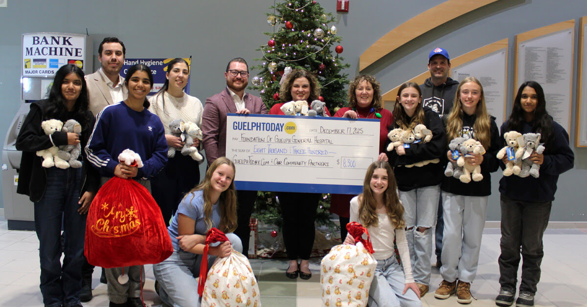 GuelphToday staff presenting a large $8,300 cheque to the Foundation of Guelph General Hospital