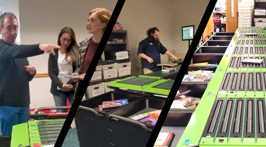 3 photos of the Longmont Library's new book sorter