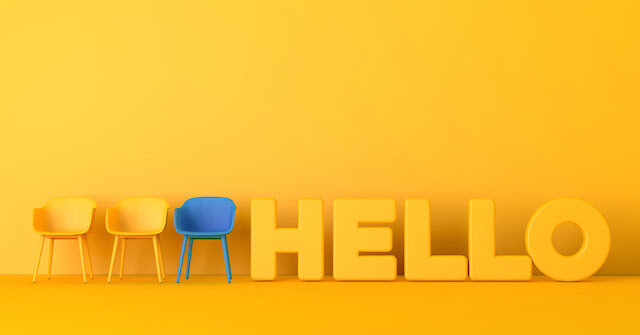 Three chairs lined up with the text "Hello" beside them