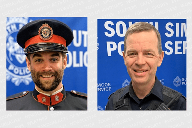 South Simcoe police constables Devon Northrup, left, and Morgan Russell.