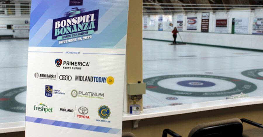 CLH Foundation Bon Spiel sponsors listed on a board in front of a curling rink
