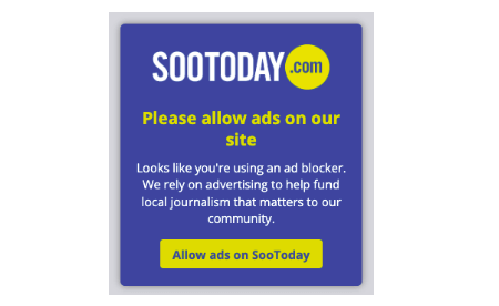Screenshot of anti-ad blocking mechanism on SooToday.com