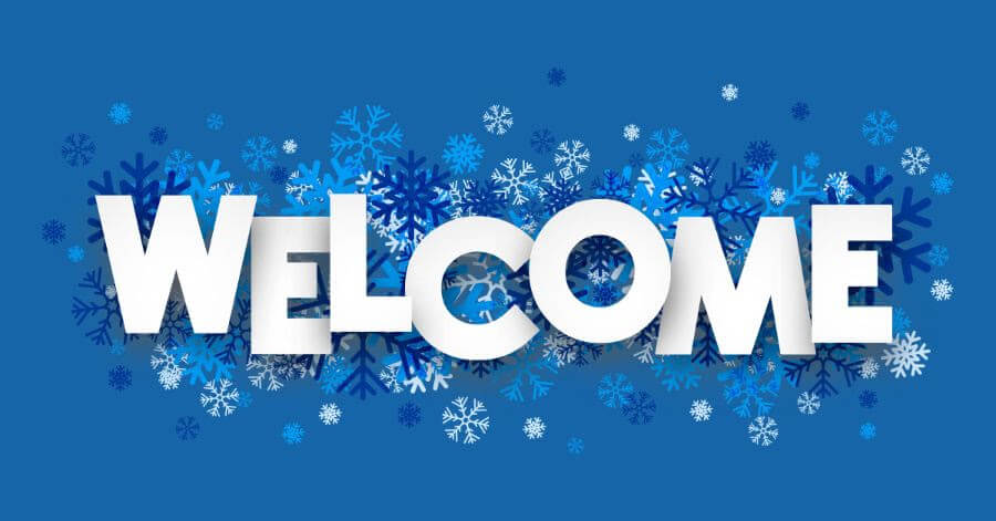 The words "welcome" with snowflakes decorated around it